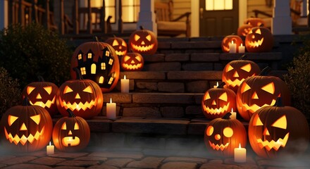 Lit jackolanterns adorn stone steps leading to a house at night creating a spooky Halloween display