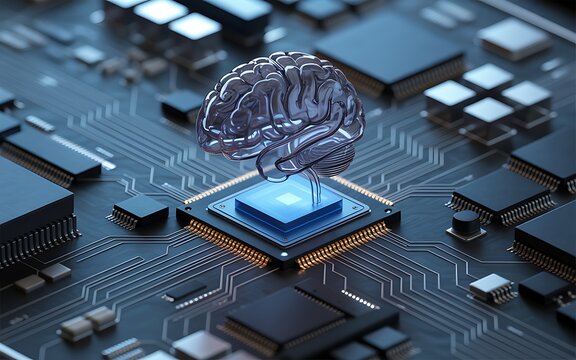 Artificial intelligence concept representation featuring a brain model over a computer chip signifying the concept of neural networks