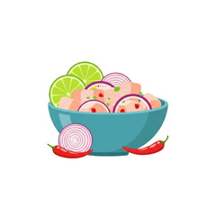 Fresh ceviche dish with lime slices and red chili peppers isolated on transparent background