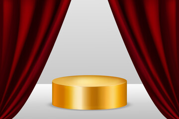 Golden podium against the background of red curtains. Can be used for product demonstration. Realistic vector illustration.