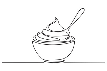 Whipped cream in a bowl in continuous one line art style. Simple vector illustration. one line Icon drawing with white background