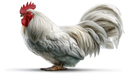 Fototapeta premium Majestic Rooster: Capturing the elegance and vibrant colors of a white rooster, this image showcases the animal's proud posture and striking features, including its fiery red comb and wattle. 