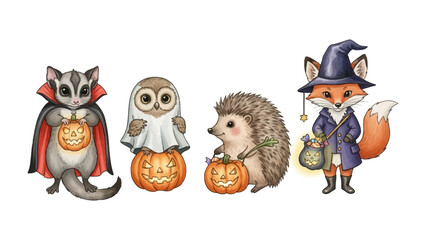 Halloween Animal Characters: A charming ensemble of Halloween-themed animal characters, including a Sugar Glider, Owl, Hedgehog, and Fox.