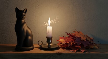 Still life on shelf black cat statue lit candle autumn leaves against a textured wall