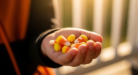 A hand holds candy corn against a blurred bright background