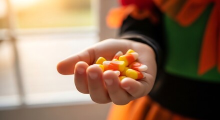 A childs hand holds a pile of candy corn with an outoffocus window and a Halloween costume visible in the background