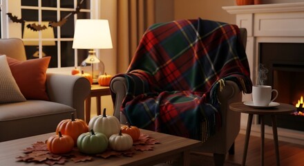 Cozy living room scene Plaid throw on armchair coffee pumpkins fireplace soft lighting