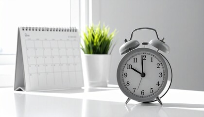 Modern Alarm Clock with Calendar & Pen Holder on Bright White Desk