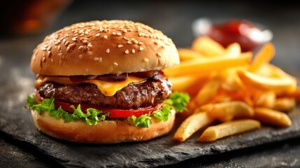 A savory cheeseburger topped with cheddar cheese lettuce and tomato is paired with golden crispy fries. The meal is served on a dark slate plate enhancing its presentation in a warm atmosphere.