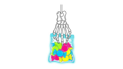 A Skeletal Grasp of Sweets: An artistic depiction of a skeletal hand firmly gripping a bag of colorful candies suspended in mid-air.