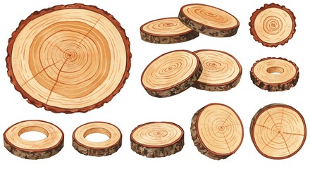 Watercolor illustrations of various wooden cross sections on a white backdrop