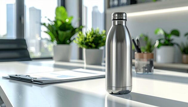 Promoting workplace wellness and sustainability with a reusable silver water bottle on a clean desk in a sunlit city office - Powered by Adobe