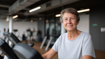 Smiling mature woman exercising on elliptical machine in gym, symbolizing fitness, healthy lifestyle, wellness, and active aging, perfect for Healthy Aging Month campaigns