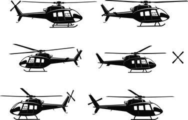 Silhouette helicopters, black aircraft icons, aviation vector set, rotorcraft illustrations, transport symbols, military choppers, isolated graphic, editable PNG