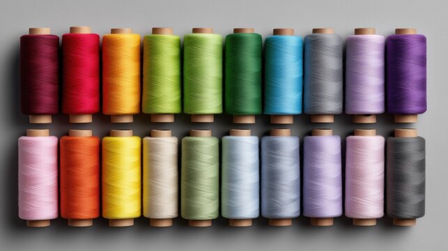 Colorful spools of thread arranged on a gray background, symbolizing sewing, tailoring, textile production, DIY projects, and creative crafting