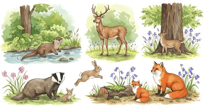 Watercolor illustrations of woodland animals in a natural outdoor environment - Powered by Adobe
