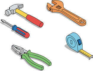 Vector Illustration of Essential Hand Tools – Hammer, Screwdriver, Pliers, Adjustable Wrench, and Measuring Tape for Workshop and DIY Projects
