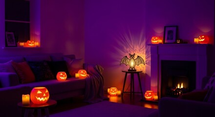 Spooky room with jackolanterns bat lamp fireplace couch creating Halloween atmosphere