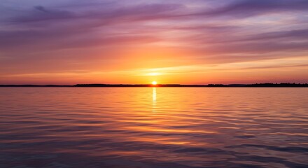 Naklejka premium Tranquil sunset over calm water reflecting vibrant orange and purple hues