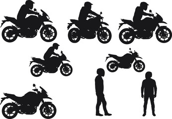 Obraz premium Silhouette of motorcycle riders and standing figures, side view posture, urban mobility, transportation concept, biker lifestyle, human motion study