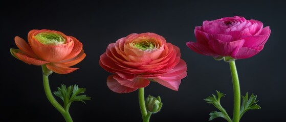 Vibrant ranunculus flowers with layered petals in orange pink and purple colors set against a dark background perfect for floral art designs