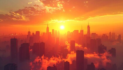 Fototapeta premium A dramatic sunrise over a modern city skyline with warm golden light illuminating tall skyscrapers and low-lying clouds