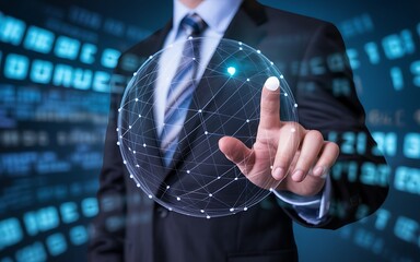 A businessman in a suit touches a digital sphere representing global network connections and technological advancements in the digital age