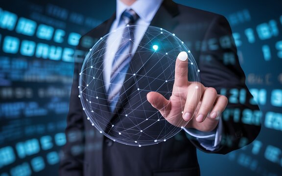 A businessman in a suit touches a digital sphere representing global network connections and technological advancements in the digital age
