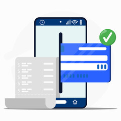 Mobile payment illustration with smartphone, credit card, and receipt. Concept of digital banking, online transaction, bill payment, and secure financial technology