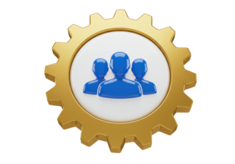 Teamwork concept PNG with golden gear and blue people isolated on transparent background Collaboration and management