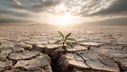 A single, vibrant sprout emerges from cracked earth, bathed in the warm light of a desert sunrise