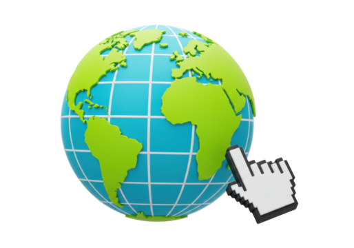 World globe with cursor PNG illustration isolated on transparent background for web design and global communication concept