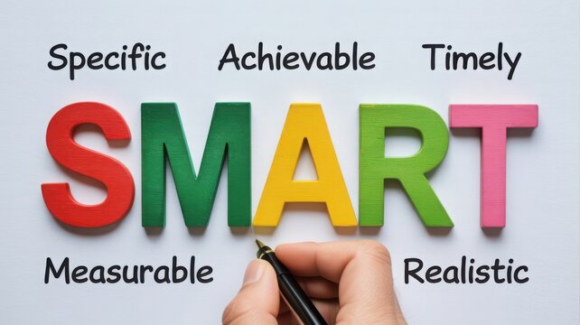 SMART goals acronym colorful letters hand holding pen business concept