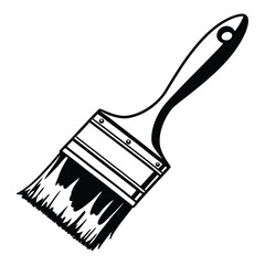 Black and white illustration of a paint brush with a long handle and bristles on a white background Keywords: paint brush, paintbrush, tool, art, artist, painting, drawing, craft, DIY, home