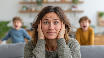 Stressed mother sitting in a modern living room with head in hands, looking exhausted while two energetic children play and shout in the background, symbolizing parental stress and family challenges
