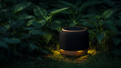 Modern outdoor garden lantern casting a warm glow among lush green foliage at dusk
