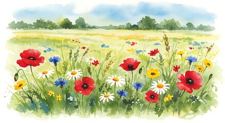 Watercolor meadow illustration with wildflowers and distant trees under a blue sky