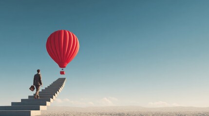 A man ascends a series of stairs in a vast desert carrying a briefcase. Above him a bright red hot air balloon drifts peacefully in the clear blue sky.