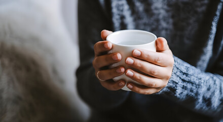 A cozy moment of relaxation, perfect for wellness campaigns or lifestyle content, a woman's hands warming around a cup offers a sense of calm and comfort.