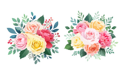 A watercolor illustration of roses and peonies in a floral arrangement isolated on a pure white background.
