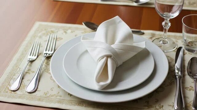 Close-up of a formal table setting with a folded napkin and silverware ready for a meal.