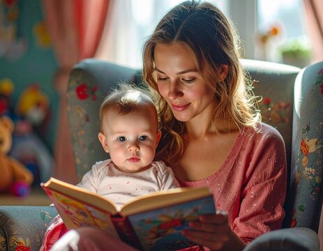 Fototapeta Mama czytająca książkę swojemu dziecku