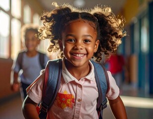 A girl with a backpack running through a school hallway