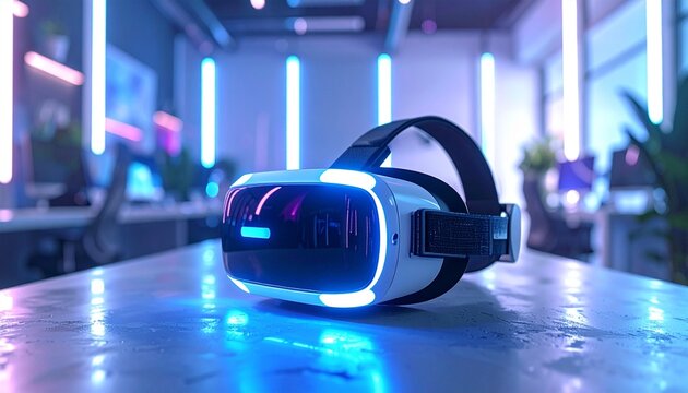 Sleek virtual reality headset glows with neon light, symbolizing advanced technology and immersive digital experiences in a modern, innovative office environment