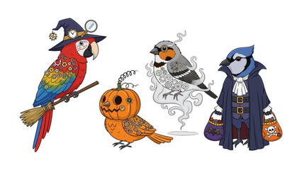 Naklejka premium Halloween Birds in Festive Costumes: A whimsical group of meticulously detailed birds, each adorned in enchanting Halloween costumes. They're set against a bright.