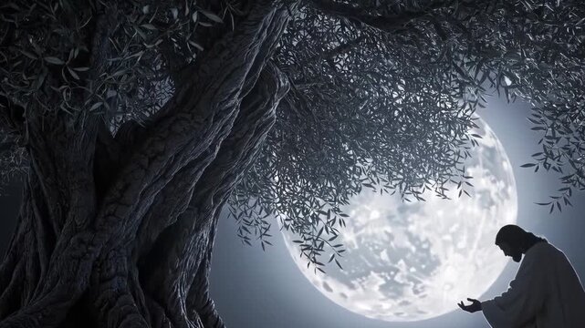 Vertical video of Jesus Christ praying in Gethsemane at night under full moon.