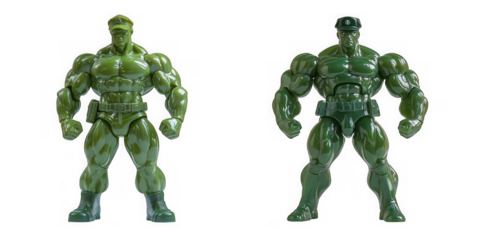 Two green muscular action figures, isolated on transparent background