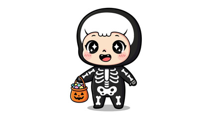 Halloween Fun: A cute cartoon child dressed as skeleton, ready for Halloween with a jack-o-lantern basket filled with delicious candies. It is the perfect Halloween party theme!
