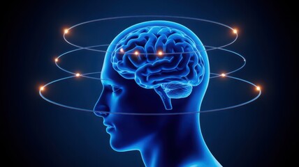 Obraz premium Glowing blue brain, human head, neuroscience concept, mental health, glowing circuits