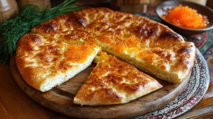 Freshly baked bread with a golden crust is served on a wooden board topped with bright orange caviar. The warm atmosphere invites a satisfying culinary experience.